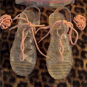 Rouge Pink & Clear Sandals with extra 58” pink shoe laces. Size 9 NEW in package